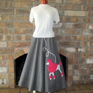 POODLE SKIRT, S, VINTAGE GRAY WOOL, PINK POODLE w PETTICOAT RUFFLES EVAN PICONE